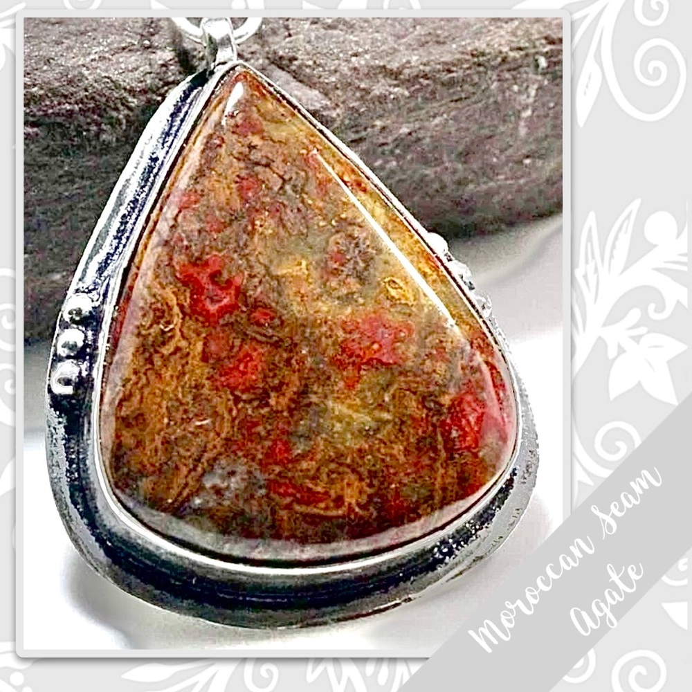 Moroccan Seam Agate Eclectic Silver Artisan Necklace, 19” Maroon Red, Rust Brown - Picture 2 of 2